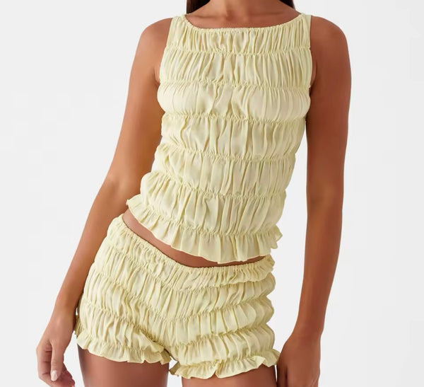Women Sleeveless Solid Color Ruffled Crop Two Piece Short Set