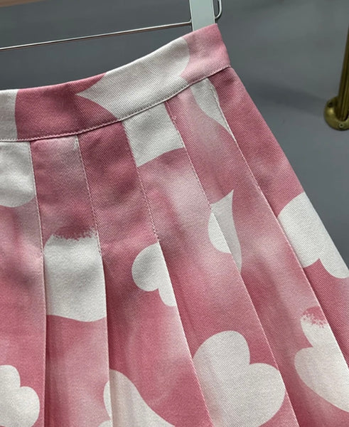 Women Sexy Fashion Pink Heart Print Denim Pleated Skirt