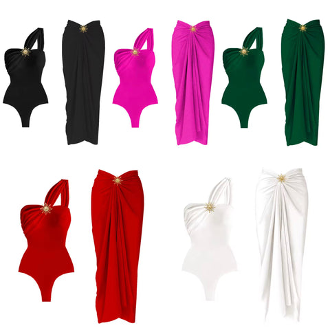 Women Sexy One Shoulder Swimsuit Cover Up Set