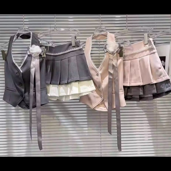 Women Halter Sleeveless Color Patchwork Two Piece Pleated Skirt Set