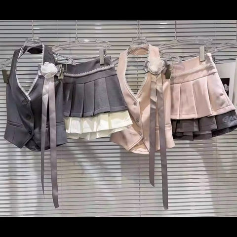 Women Halter Sleeveless Color Patchwork Two Piece Pleated Skirt Set
