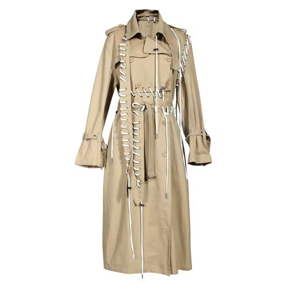 Women Fashion Khaki Lace Up Trench Jacket