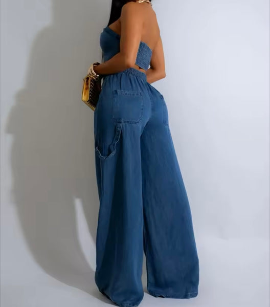 Women Sexy Strapless Two Piece Denim Tie Up Wide Leg Pant Set