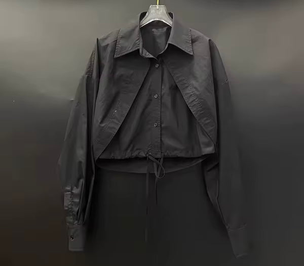 Women Fashion Collar Button Up Tie Full Sleeve Top