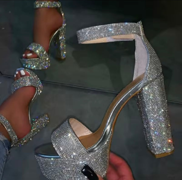 Women Fashion Silver Sparkly Platform High Heel Sandals
