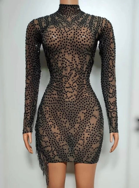 Women Black Sexy Beaded Tassel Full Sleeve Mesh Dress