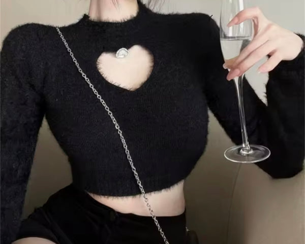 Women Fashion Furry Cut Out Heart Full Sleeve Crop Top