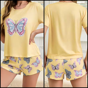 Women Yellow Butterfly Print Short Sleeve Lingerie Short Set