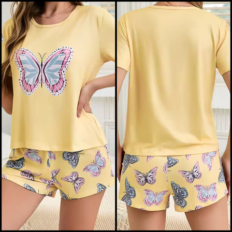 Women Yellow Butterfly Print Short Sleeve Lingerie Short Set