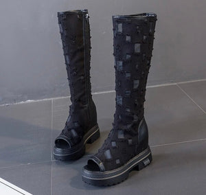 Women Open Toe Mesh Patchwork Fashion Platform Knee High Boots