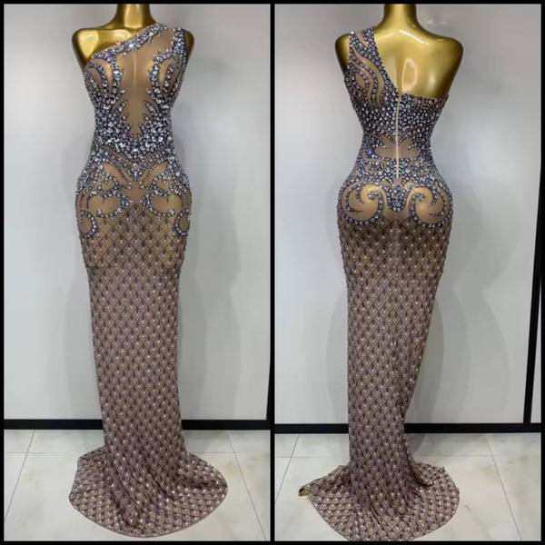 Women Sexy Mesh One Shoulder Sleeveless Rhinestone Maxi Dress