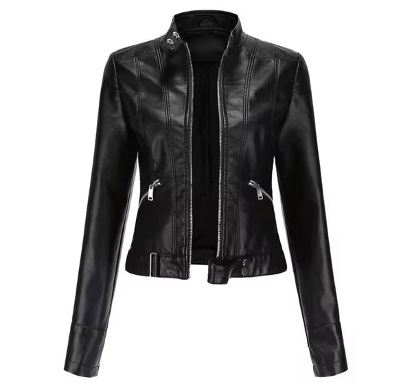 Women Color Zip Up Faux Leather Jacket