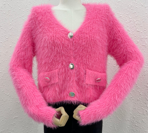 Women Color Button Up Furry Fashion Sweater Top