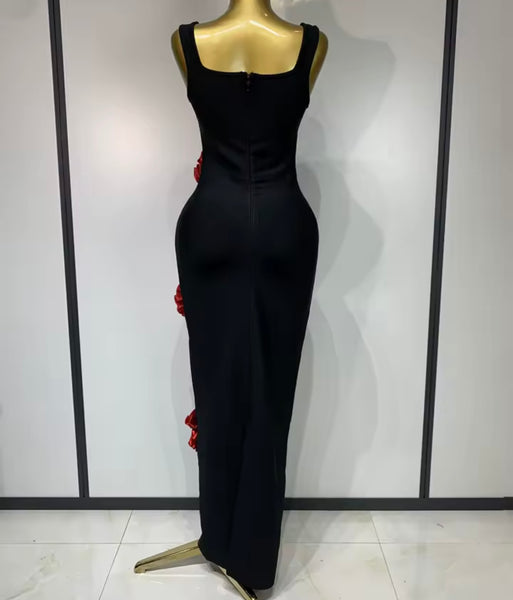 Women Sexy Black Sleeveless 3D Floral Maxi Dress