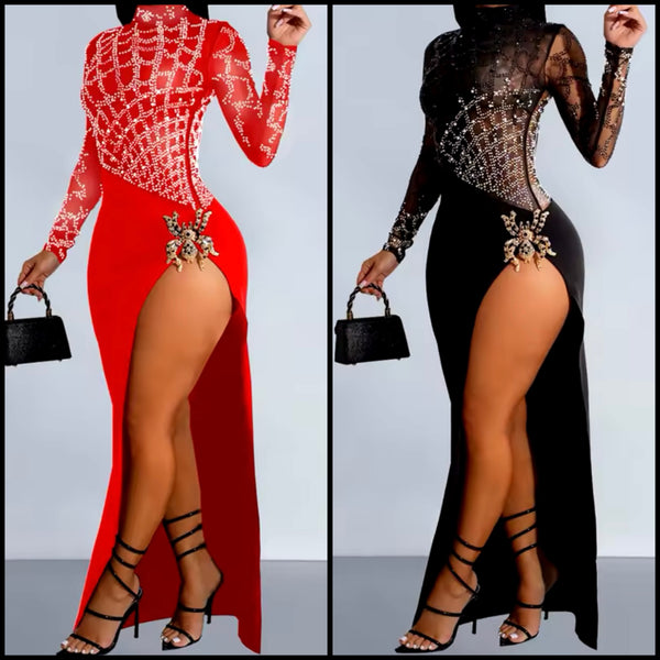 Women Sexy Full Sleeve Bling Side Split Maxi Dress