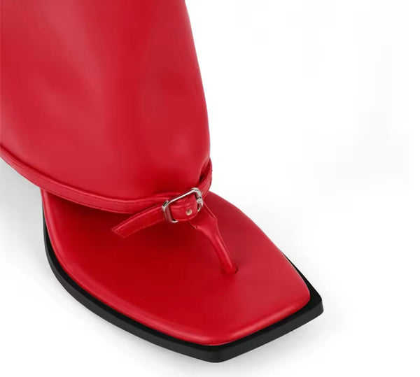 Women Fashion Open Toe Buckled Faux Leather Knee High Boots