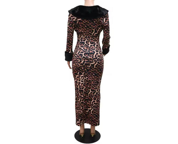 Women Sexy Leopard Faux Fur Full Sleeve Two Piece Maxi Dress