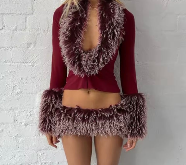 Women Sexy Faux Fur Full Sleeve Two Piece Short Skirt Set