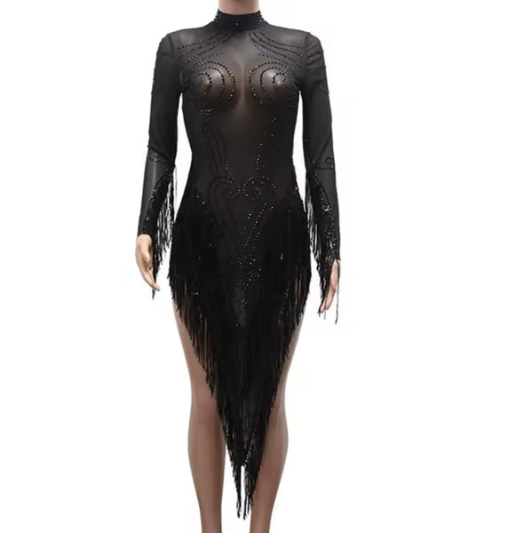 Women Sexy Black Crystal Full Sleeve Asymmetrical Tassel Dress
