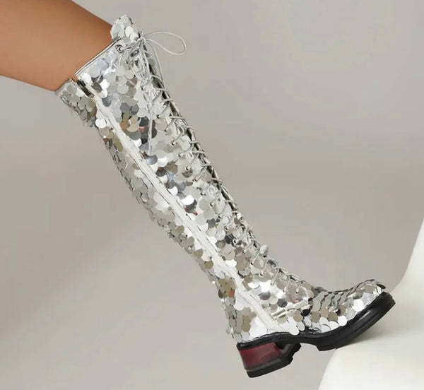 Women Fashion Silver Sequins Lace Up Knee High Boots