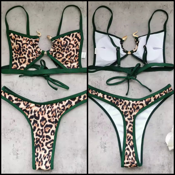 Women Sexy Green Leopard Thong Bikini Swimsuit