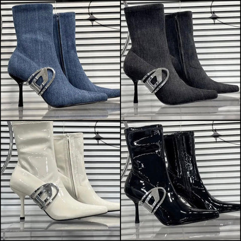 Women Fashion Silver Metal Denim/Patent Leather Ankle Boots