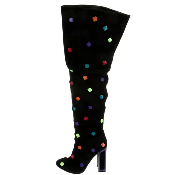 Women Fashion Black Colorful Print Suede Knee High Boots