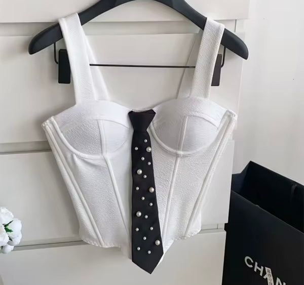 Women White Fashion Sleeveless Pearl Tie Tank Top