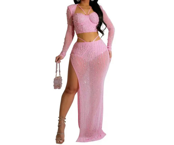 Women Sexy Full Sleeve Bling Mesh Two Piece Maxi Skirt Set