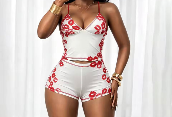 Women Sleeveless Sexy Lip Print Two Piece Short Set