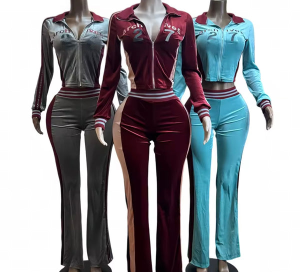 Women Letter Number Print Zip Up Velour Tracksuit Two Piece Pant Set