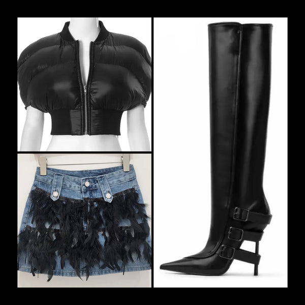 Women Black Buckled Pointed Toe Fashion Knee High Boots