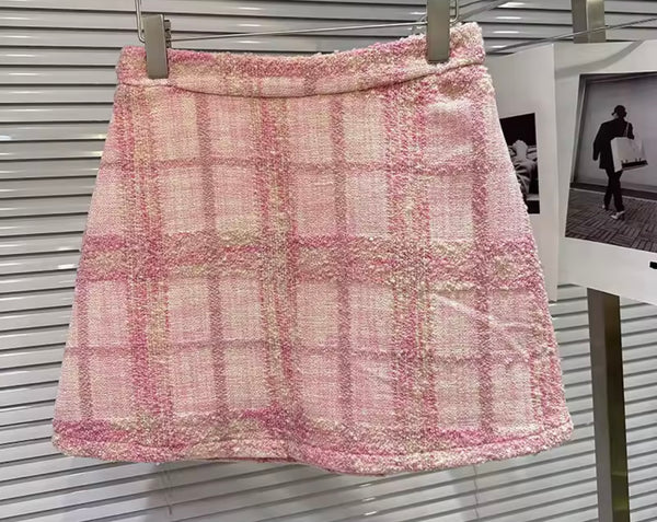 Women Pink Plaid Ruffled Blazer Two Piece Tweed Skirt Set