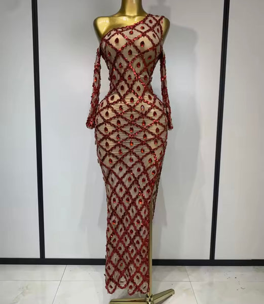 Women Sexy One Shoulder Full Sleeve Crystal Mesh Maxi Dress