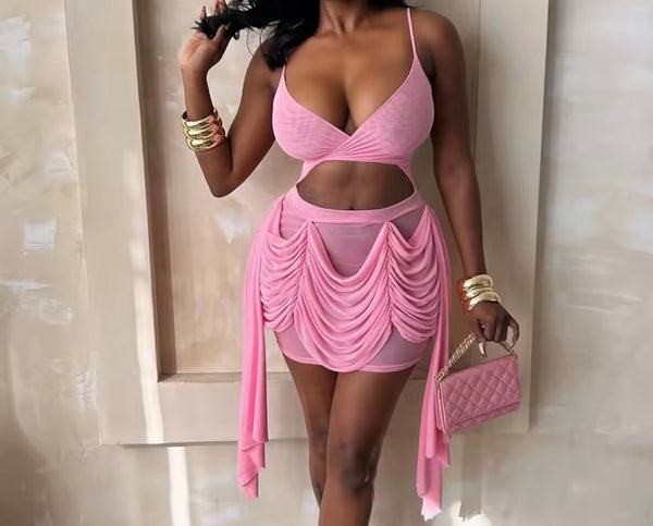 Women Sexy Sleeveless Pink Draped Tassel Mesh Dress