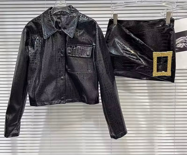 Women Black PU Leather Jacket Two Piece Gold Buckled Skirt Set