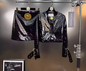 Women Gold Metal Black Faux Leather Jacket Two Piece Skirt Set