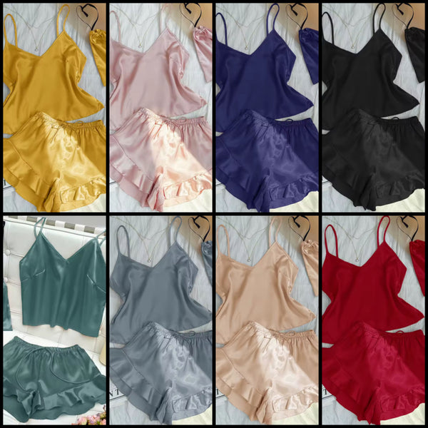 Women Sleeveless Satin Ruffled Lingerie Set
