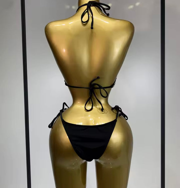 Women Sexy Black Rhinestone Halter Tie Up Swimsuit