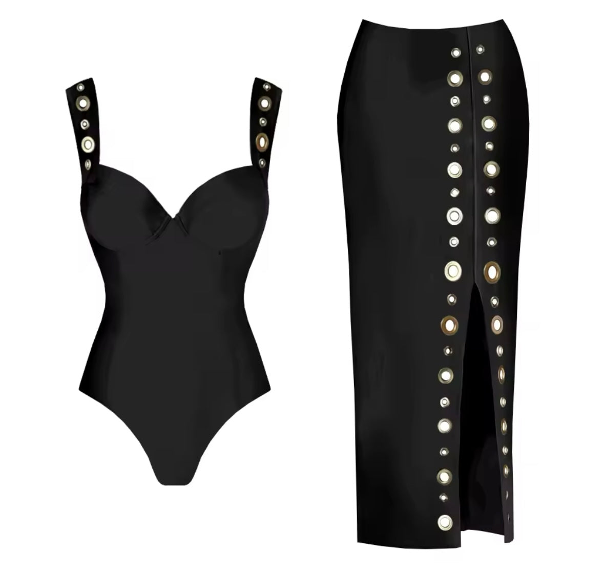 Women Sexy Black Metal Cut Out Swimsuit Cover Up Set