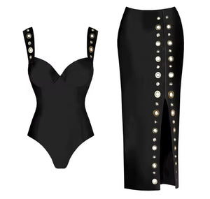 Women Sexy Black Metal Cut Out Swimsuit Cover Up Set