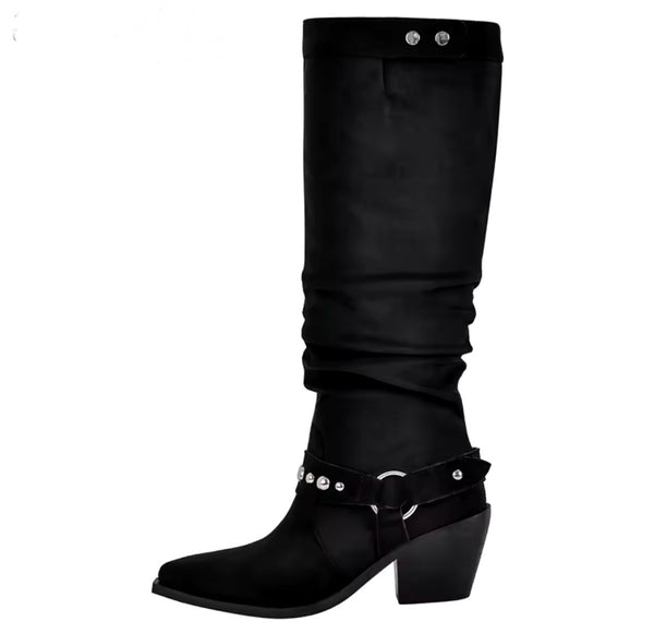Women Fashion Black Suede Bling Ankle/Knee High Western Boots