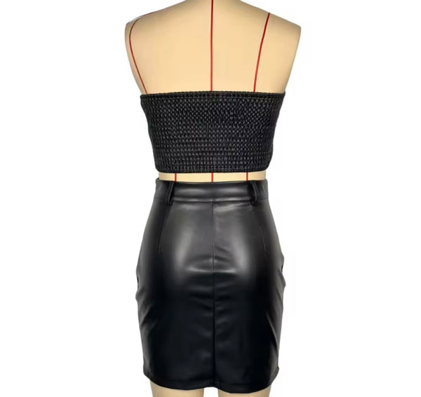 Women Sexy Strapless Rivet PU Two Piece Skirt Set