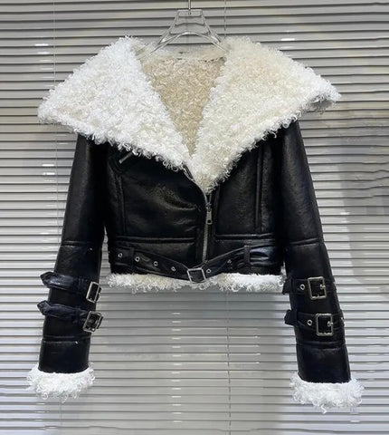 Women Warm Fashion Faux Leather Buckled Jacket