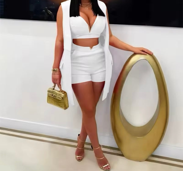 Women Fashion Sleeveless Solid Color Three Piece Short Set