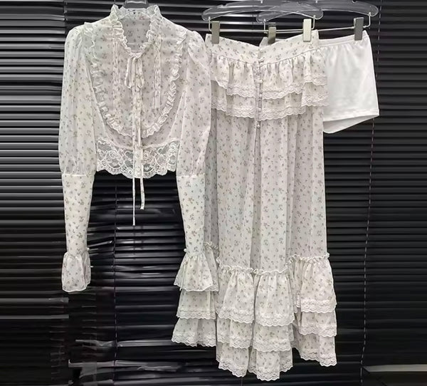 Women Ruffled Floral Full Sleeve Three Piece Maxi Skirt Set