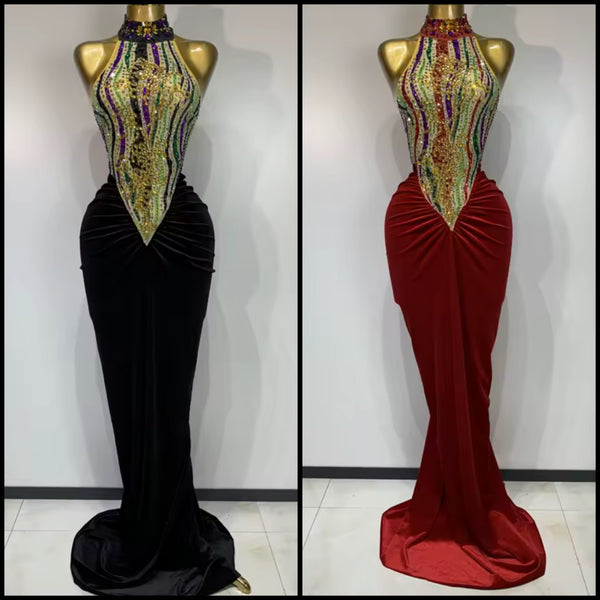 Women Halter Sleeveless Velvet Multicolored Rhinestone Maxi Dress