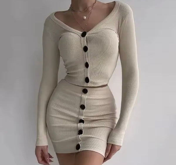 Women Sexy Ribbed Button Up Full Sleeve Two Piece Skirt Set