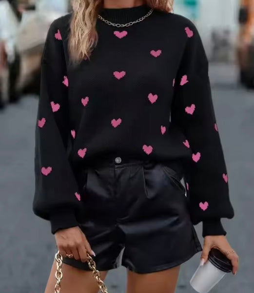 Women Color Heart Print Fashion Sweater Top
