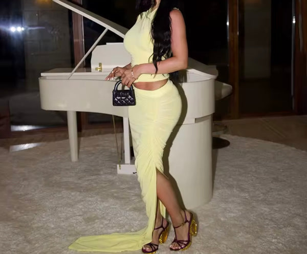 Women Sexy Sleeveless Yellow Two Piece Maxi Skirt Set